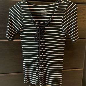 American Eagle striped blouse with laced up front